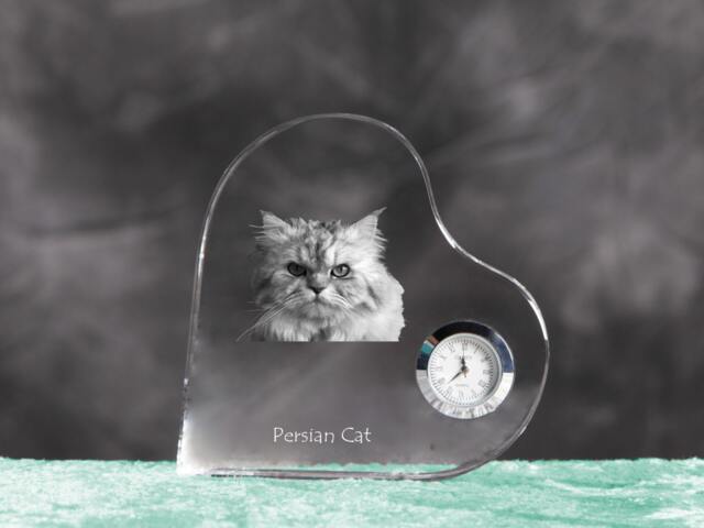 Persian Cat - Crystal Clock in The Shape Of A Heart With Image Pure-Bred Cat - image 1
