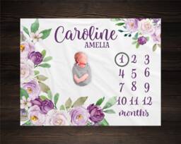 Purple Floral Milestone Blanket Personalized Monthly Growth Tracker Custom Baby Shower Gift Newborn Nursery