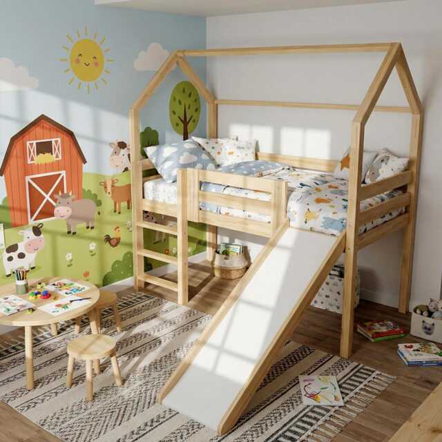 Bed With Slide, Baby Gift, Mezzanine Furniture, Wooden House, Bunk Bed, Montessori Loft Bed All Sizes 80x160, 80x190, 90x190, 90x200 - image 1