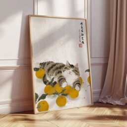 Sleeping Cat With Oranges Wall Art, Japanese Style Print, Whimsical Animal Poster, Kawaii Illustration, Cozy Pet Home Decor - thumbnail 2