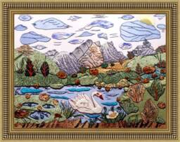 Handmade Swan Landscape Patchwork Cross-stitch Wall Decor - 60x48 cm - thumbnail 1