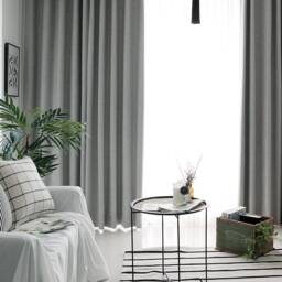 Set Of 2 Light Gray Minimalist Blackout Curtains Linen Look Grey Bedroom Panels Insulating Room Darkening Solid - thumbnail 2
