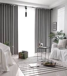 Set Of 2 Light Gray Minimalist Blackout Curtains Linen Look Grey Bedroom Panels Insulating Room Darkening Solid