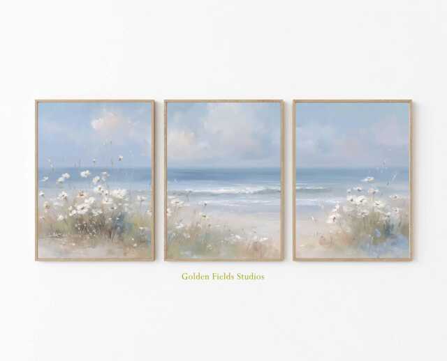 Coastal Daisies Poster Set Of 3 Soft Beach Wall Art Print - image 1