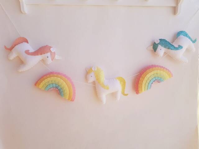 Rainbow & Unicorn Garland, Nursery Decor, Unicorns, Rainbows Wall Hanging, Rainbow, New Baby Gift, Pastel, Girls Room - image 1