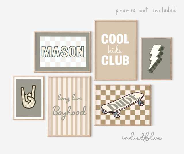 Personalised Gallery Wall Set Of 6 Prints, Sage Green & Beige Toddler Boy Nursery Bedroom Boyhood, Skateboard, Cool Prints - image 1