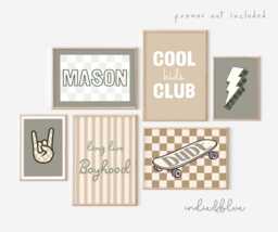 Personalised Gallery Wall Set Of 6 Prints, Sage Green & Beige Toddler Boy Nursery Bedroom Boyhood, Skateboard, Cool Prints - thumbnail 1