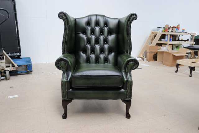 Chesterfield Chair High Back Queen Anne Real Leather Antique Green Handmade New - image 1