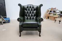 Chesterfield Chair High Back Queen Anne Real Leather Antique Green Handmade New