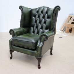 Chesterfield Chair High Back Queen Anne Real Leather Antique Green Handmade New - thumbnail 3