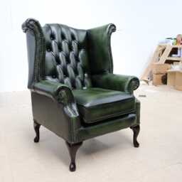 Chesterfield Chair High Back Queen Anne Real Leather Antique Green Handmade New - thumbnail 2