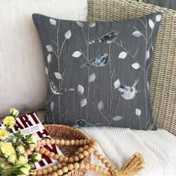 Gray Art Silk Throw Pillow Cover, 16x16 Sequined Birds, Contemporary Cushion Cover - Pigeon Story