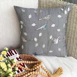 Gray Art Silk Throw Pillow Cover, 16x16 Sequined Birds, Contemporary Cushion Cover - Pigeon Story - thumbnail 2