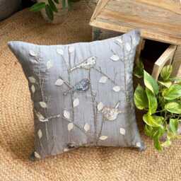 Gray Art Silk Throw Pillow Cover, 16x16 Sequined Birds, Contemporary Cushion Cover - Pigeon Story - thumbnail 3