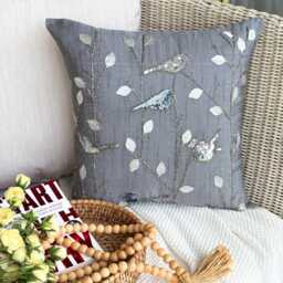 Gray Art Silk Throw Pillow Cover, 16x16 Sequined Birds, Contemporary Cushion Cover - Pigeon Story - thumbnail 1