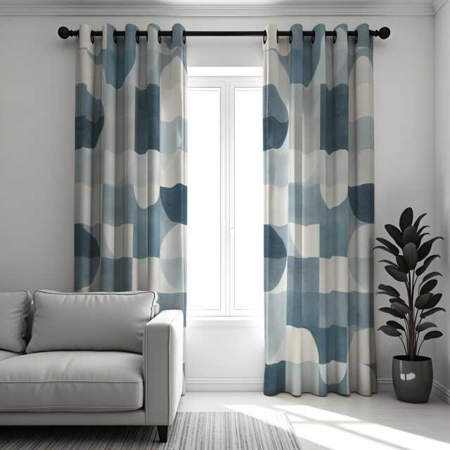 Blue Abstract Geometric Curtains, Modern Minimalist Pattern Drapes, Contemporary Art Style Window Panels, Custom Made To Measure Curtains - image 1
