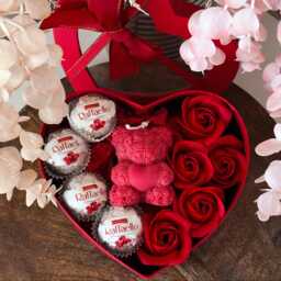 Valentines Gift Box Bear Candle, Chocolates & Soap Flowers in Heart Shape Box - thumbnail 1