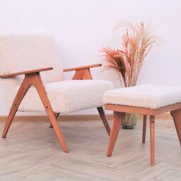 Boucle Ottoman, Mid Century Footstool, Handmade - thumbnail 3