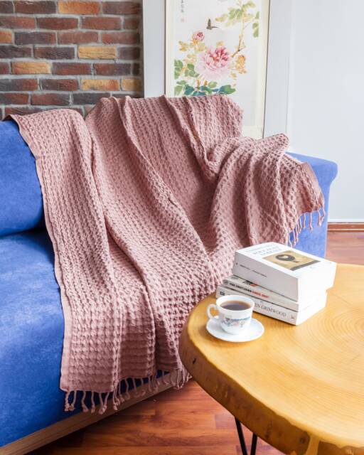 Pink Big Waffle High Quality Turkish Cotton Throw Blanket, Couch Cozy Sofa Cover, Bed Spread, Porch Blanket - image 1