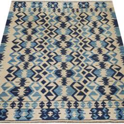 Handwoven Kilim Rug Blue & Grey Wool, Tribal Design - 182 X 129cm - thumbnail 3