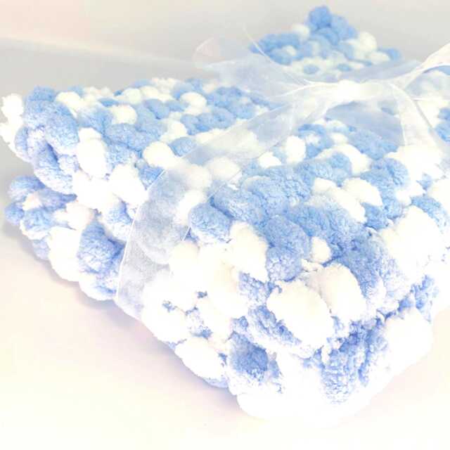 Blue & White Pram Cover Hand Knitted Pom Wool - image 1