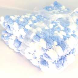 Blue & White Pram Cover Hand Knitted Pom Wool - thumbnail 1