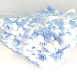 Blue & White Pram Cover Hand Knitted Pom Wool - thumbnail 2