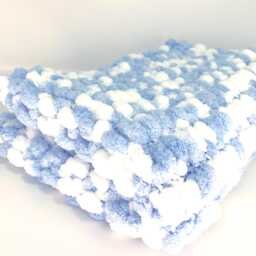 Blue & White Pram Cover Hand Knitted Pom Wool - thumbnail 3