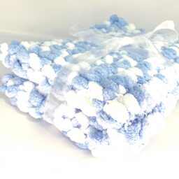 Blue & White Pram Cover Hand Knitted Pom Wool - thumbnail 4
