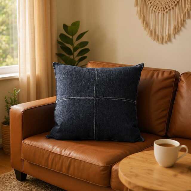 Blue Denim Pillow Cover - Scandinavian Modern Farmhouse Cushion - image 1