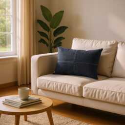 Blue Denim Pillow Cover - Scandinavian Modern Farmhouse Cushion - thumbnail 3