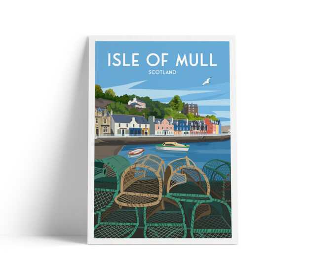 Isle Of Mull Travel Poster - A4 To A1 Wall Art Print - Tobermory Harbour Illustration Scotland Coastal - image 1