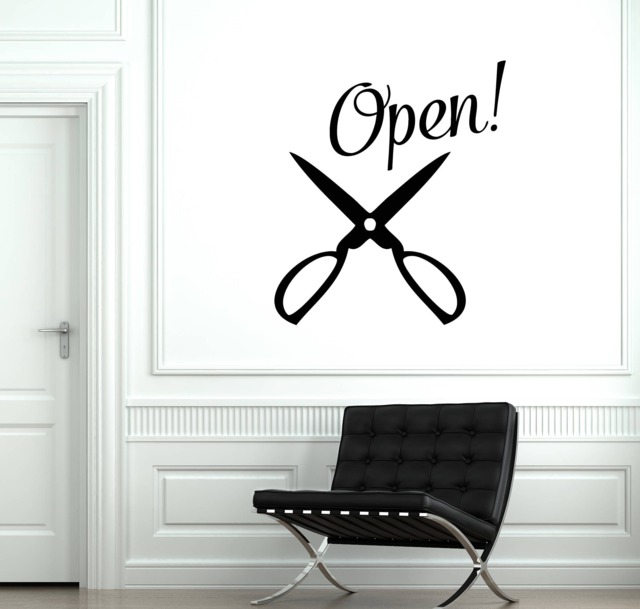 Open Hair Salon Vinyl Wall Decal Scissors Logo Barbershop Stickers Mural - #2597Di - image 1