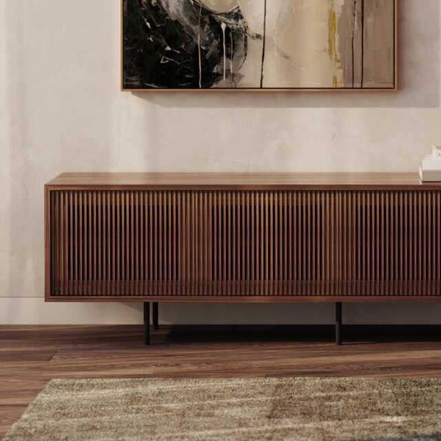 Walnut Sideboard - Mid-Century Modern Long Tv Stand With Slatted Doors - image 1