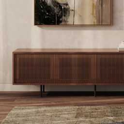Walnut Sideboard - Mid-Century Modern Long Tv Stand With Slatted Doors - thumbnail 1