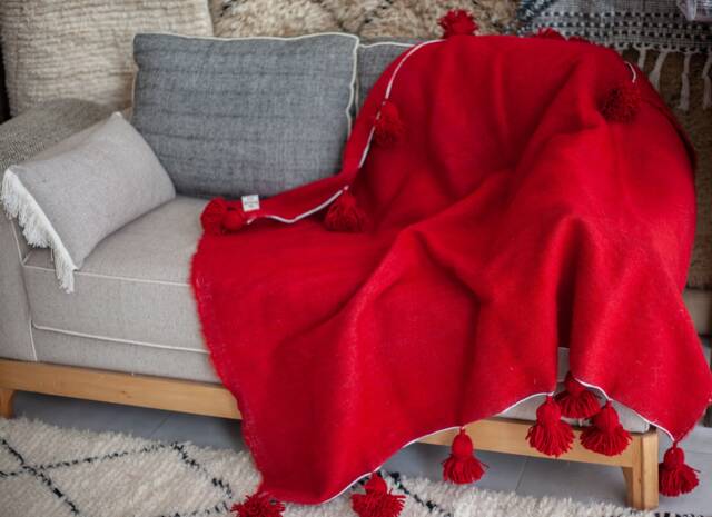 Moroccan Blanket With Pompom Loomed By Hand, Moroccan Throw, Bohemian , Berber Blanket, Wool Handmade Bedspread - image 1