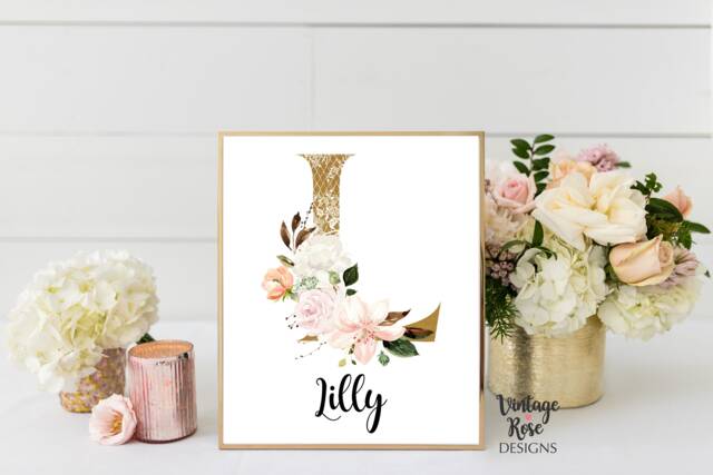 Girls Wall Prints, Nursery Decor, Lilies Print, Bedroom Art, Personalised Initial Watercolour Flowers, Gold & Pink - image 1