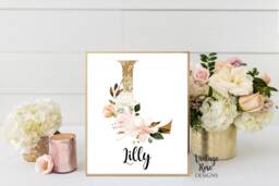 Girls Wall Prints, Nursery Decor, Lilies Print, Bedroom Art, Personalised Initial Watercolour Flowers, Gold & Pink - thumbnail 1