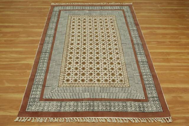 Hand Block Printed Cotton Rug - Brown Floral Border Kilim - image 1