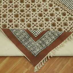 Hand Block Printed Cotton Rug - Brown Floral Border Kilim - thumbnail 4