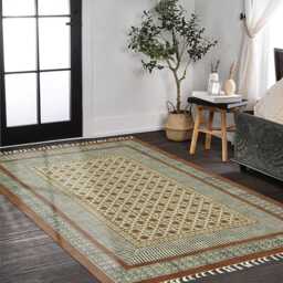 Hand Block Printed Cotton Rug - Brown Floral Border Kilim - thumbnail 2