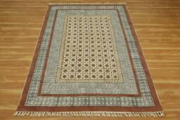 Hand Block Printed Cotton Rug - Brown Floral Border Kilim - thumbnail 1