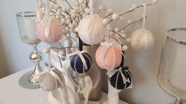 Velvet Christmas Tree Bauble Decorations, With Pearl Detail. Stocking Fillers, Gift