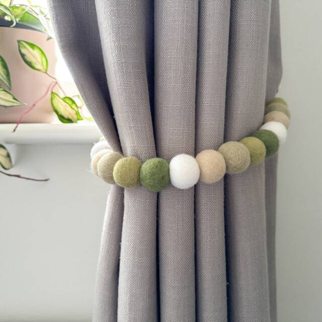 Sage Green Jungle Felt Ball Curtain Tie Backs - Pom Hold Custom Ties Nursery Decor Baby Gift Colourful Pull - image 1