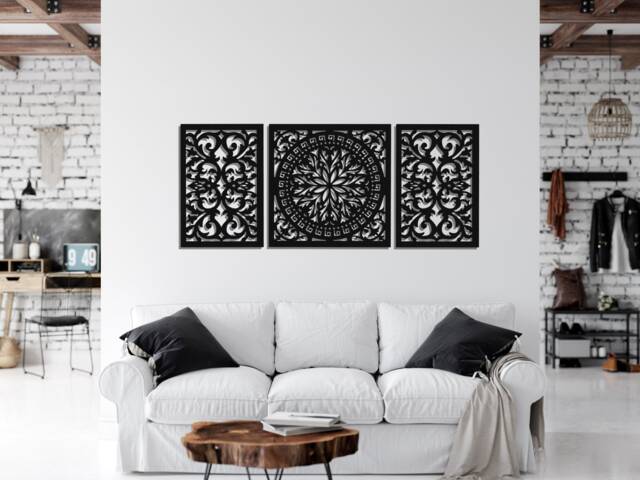 3D Sign Above The Couch, Sofa, Wooden Wall Decor, Giovanna, Decorative, Openwork Floral Design, Ornament Screen, Triptych, 27 X 67 Inch - image 1
