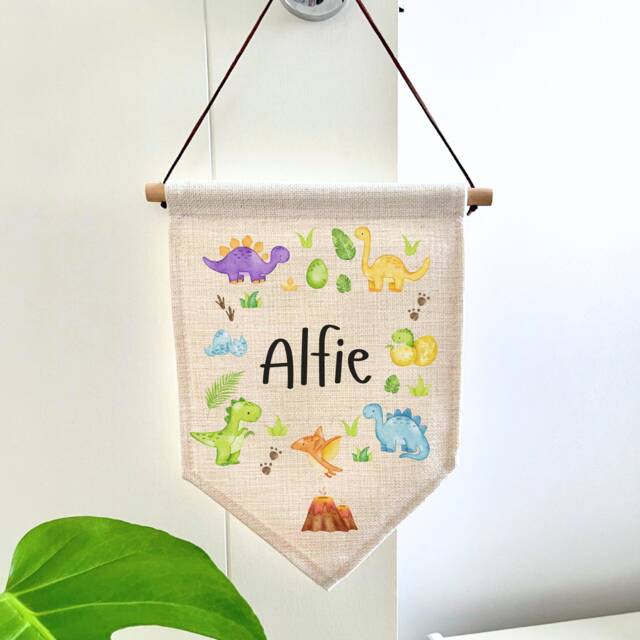 Nursery Dinosaur Name Sign - Plaque Decor Dino New Baby Gift Wall Children Room Flag - image 1