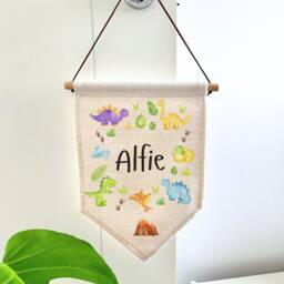 Nursery Dinosaur Name Sign - Plaque Decor Dino New Baby Gift Wall Children Room Flag
