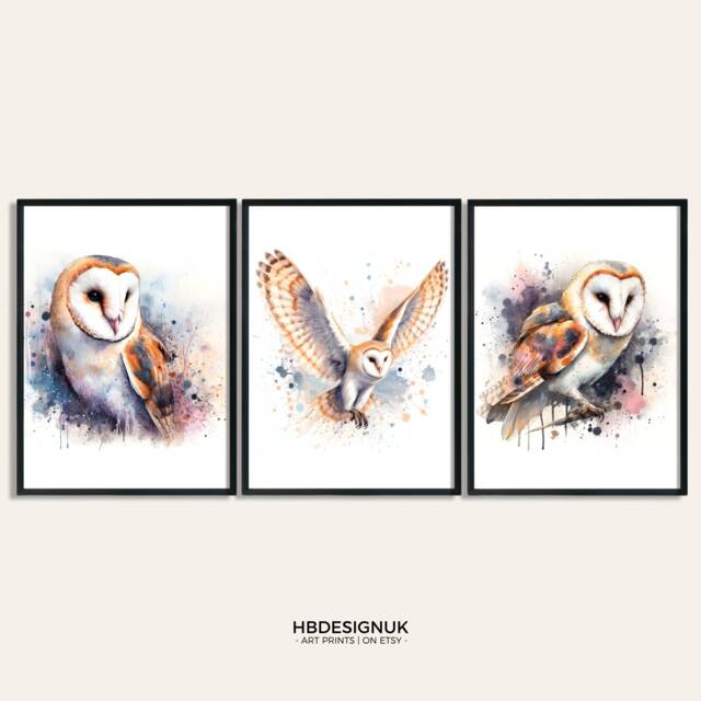 Barn Owl Print Poster Set - Of 3 Posters - Watercolour Wall Hanging Decor Animal Art British Wildlife Gifts Artwork - image 1