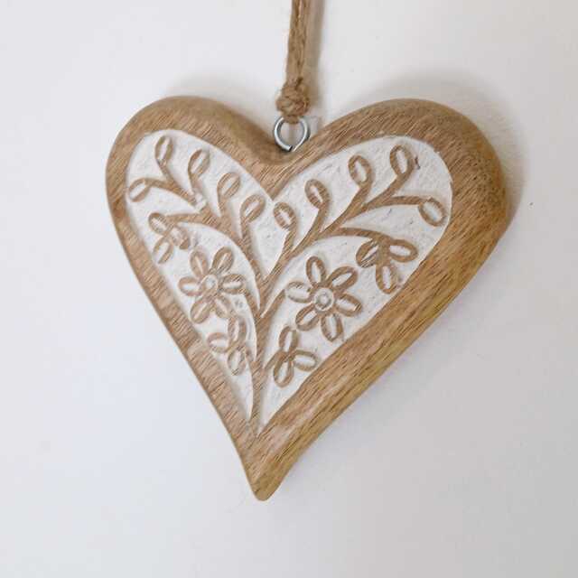Large Mango Wood Hand Carved Hanging Heart With White Flower Detail & Infill - Decoration Wall Decor Rustic - image 1