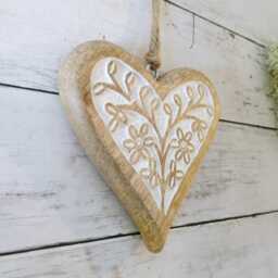 Large Mango Wood Hand Carved Hanging Heart With White Flower Detail & Infill - Decoration Wall Decor Rustic - thumbnail 2